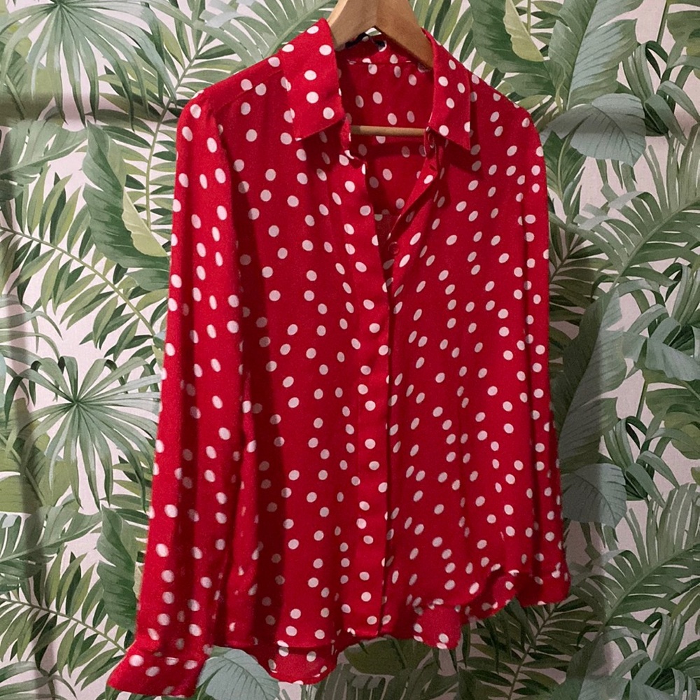Red and white polkadot shirt